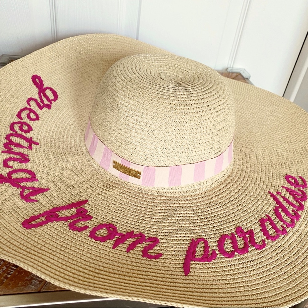 Stylish Tan Sun Hat with Pink Accents Greetings from Paradise